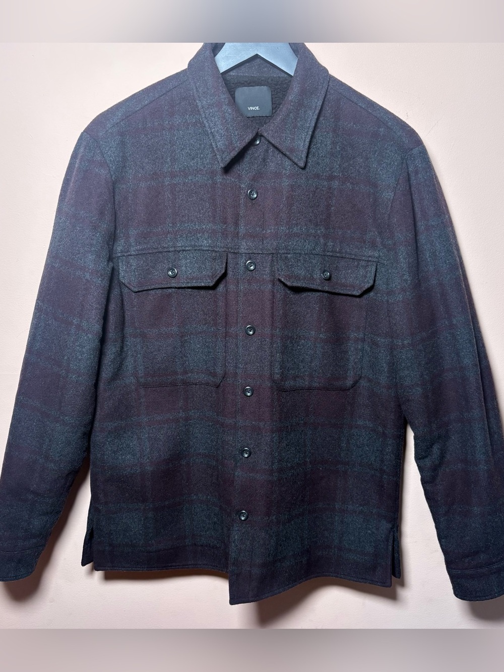 Vince Wool Blend Sherpa Lined Plaid Shirt Jacket Medium